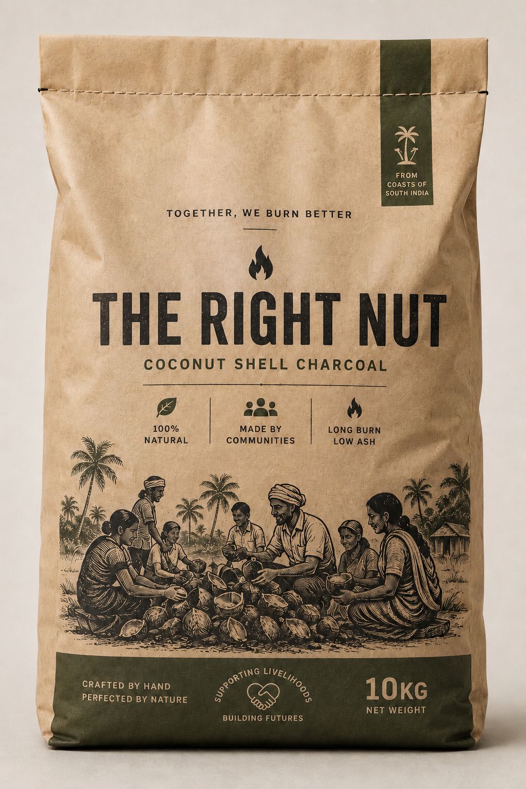 Rustic kraft paper bag of premium coconut shell charcoal